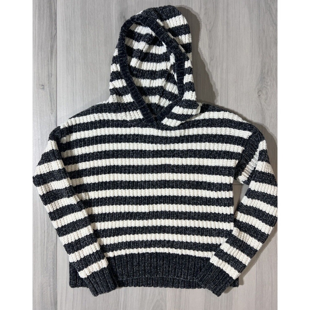 Justice Girls Chenille Hoodie Sweater Black White Striped Knit Size 14/16 L XL